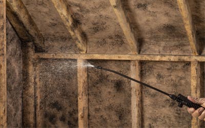 cleaning mold out of an attic with a sprayer