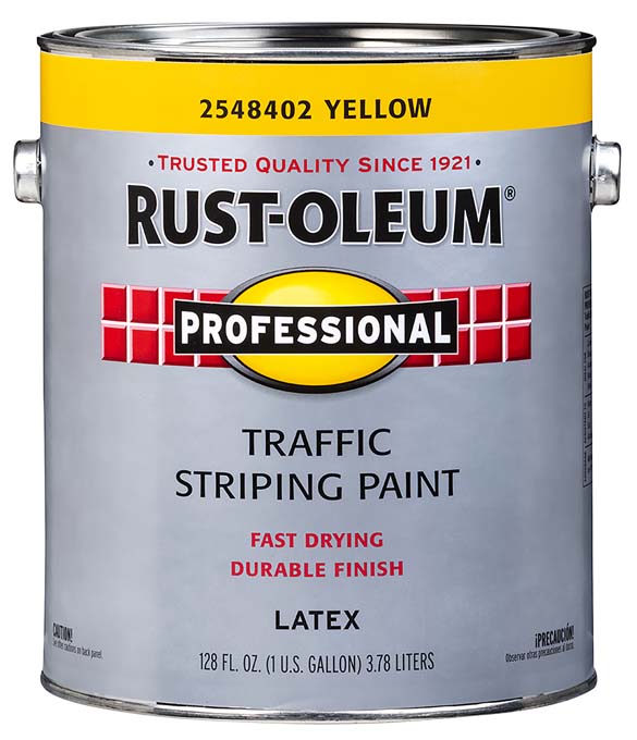 Rust-Oleum yellow traffic striping paint can, 1 gallon size with fast drying and durable finish.